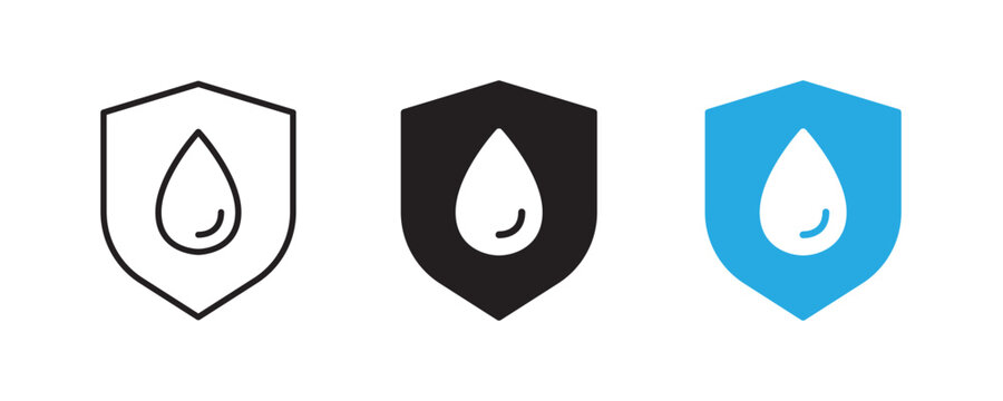 Water drop shield icons for symbolizing protection purity and environmental care in various applications