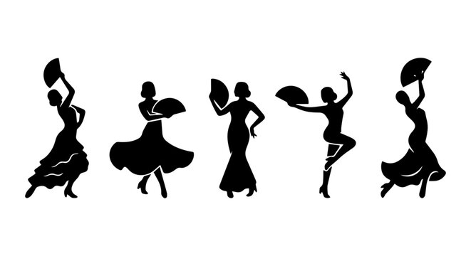 Flamenco Dancer Silhouettes Vector Set, Elegant Spanish Women Poses with Fans, Dynamic Performance Art