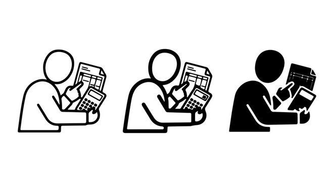 Financial Calculation Icons, Person Using Calculator and Document, Business Analysis Symbols