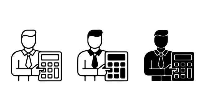 Business Man with Calculator Icons, Financial Planning Vector Set, Accounting and Data Analysis Symbols