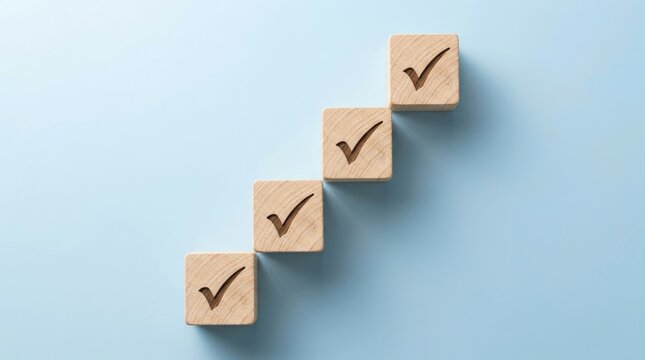 Four wooden blocks arranged in a staircase pattern with check marks on each, representing progress, success, achievement, and task completion goals