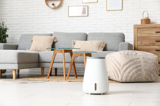 Grey sofa, coffee table and modern humidifier in living room