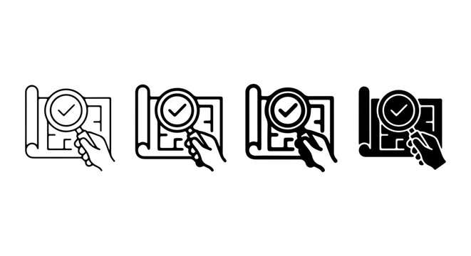 Blueprint Magnifier Check Icons, Architectural Plan Search Symbols, Hand Holding Magnifying Glass Vector Set