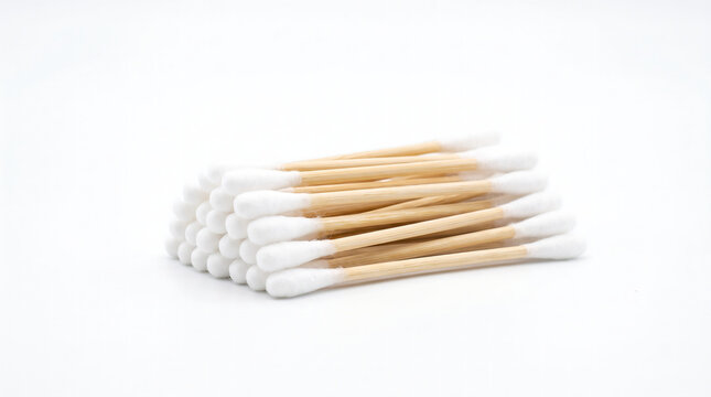 Stack of Wooden Cotton Swabs on White Background