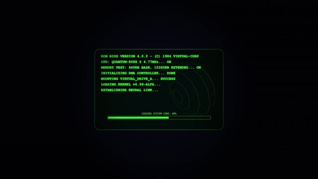 Retro Computer Terminal Loading Screen with Green Text Interface and System Boot Sequence Animation for Futuristic Tech