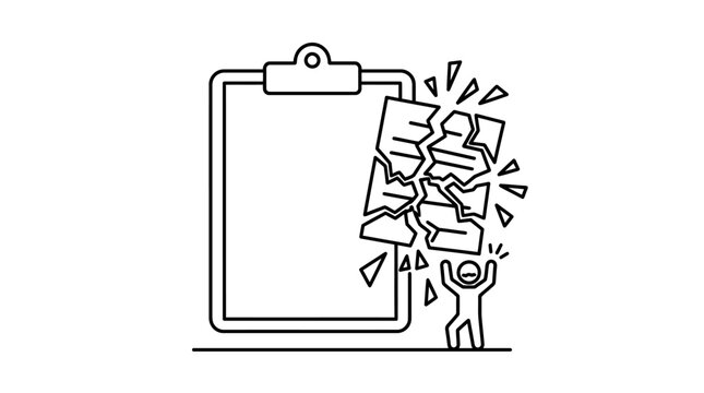 Broken clipboard with shattered document and frustrated figure