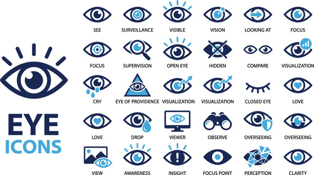 Eye vision and optical tracking blue flat icon set featuring surveillance viewing security and biometric observation vectors