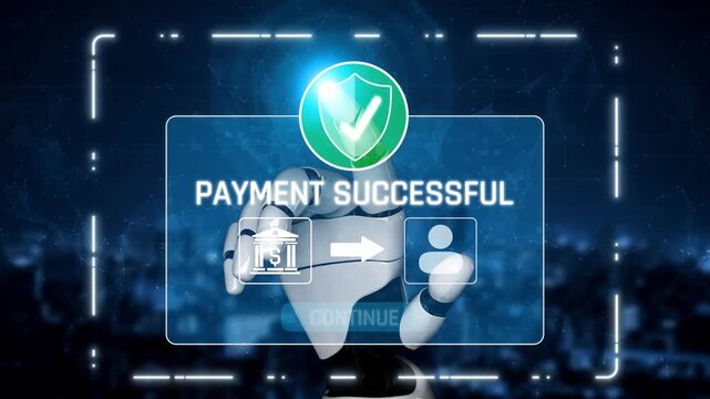 AI confirms secure payment transaction, verifying user identity, processing order, and authorizing completed digital payment within trusted financial systems. Marrow