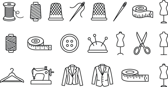 Fashion design line icon set featuring sewing machine mannequin hangers buttons suits measuring tape and tailoring equipment symbols