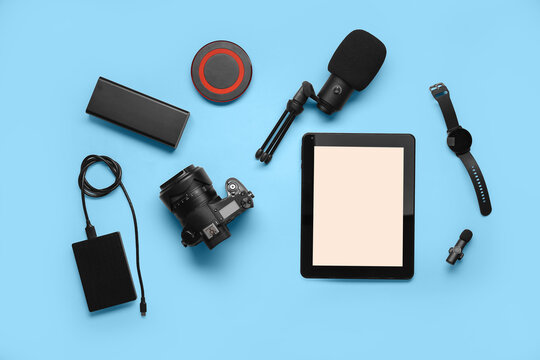 Composition with different devices on color background