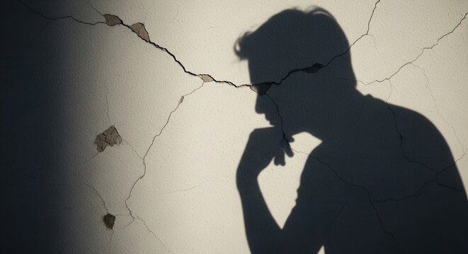 Silhouette of a pensive man thinking against a cracked wall background.