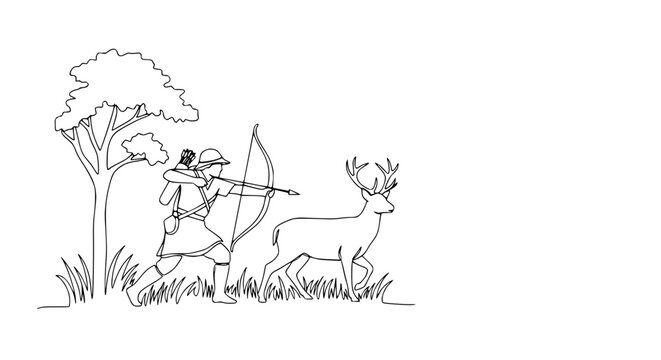 Archer Hunting Deer in Forest with Continuous Line Drawing Style