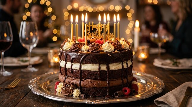 A decadent three-layer chocolate birthday cake with dripping ganache, raspberries, and lit gold candles on a silver platter on a wooden table
