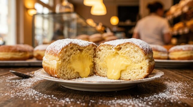 A freshly baked donut cut in half to reveal a creamy yellow custard filling, dusted with powdered sugar on a plate on a rustic wooden table