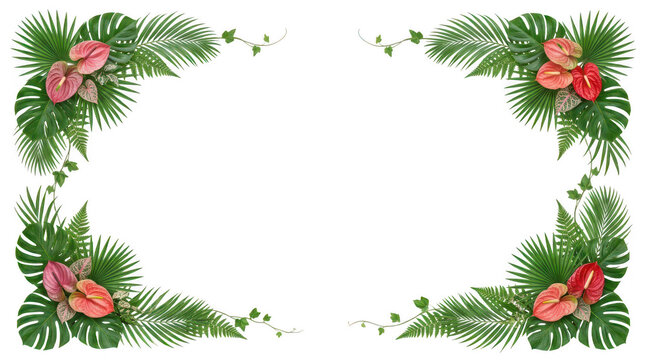 Red anthurium flower and monstera leaf frame border isolated on white background with anthurium