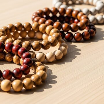 A set of sophisticated wooden bead bracelets with natural grains rest gracefully upon a smooth, light-colored timber surface in soft light, texture, wristband, prayer