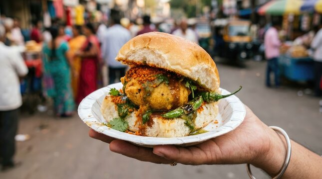 A hand holding a paper plate with a vada pav, a popular indian street food burger consisting of a fried potato dumpling in a soft bread bun