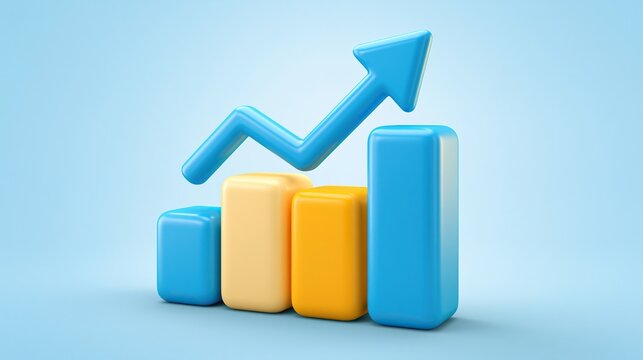 Glossy 3d growing bar chart with upward arrow in blue and yellow against plain light blue background representing business growth profit and financial success concept