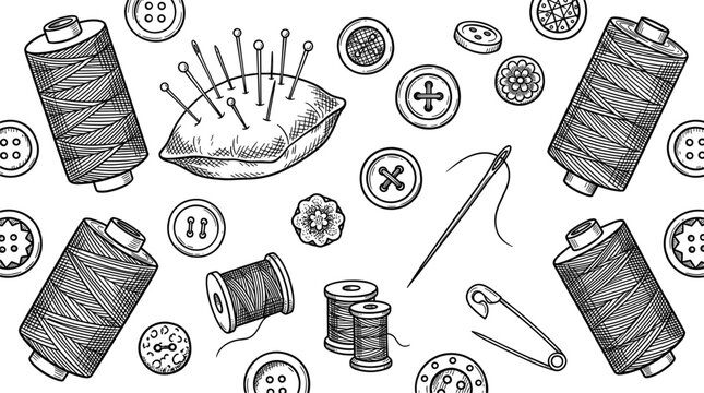 Hand drawn engraving style sewing pattern background with thread spools pin cushion dressmaker buttons needle and safety pins