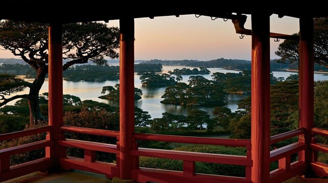 Scenic view from traditional red wooden Japanese pavilion across calm lake with pine covered islands at warm sunset showing beautiful classic Chinese natural landscape