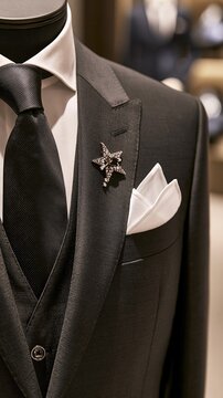 Elegant formal black three-piece suit with white dress shirt black tie diamond star brooch and white pocket square displayed on mannequin for luxury formal menswear