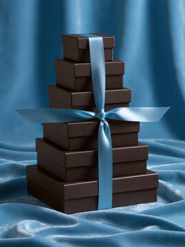 Pyramid shaped stack of dark brown square gift boxes tied with wide light blue satin ribbon placed on soft draped blue silk fabric background for elegant holiday gifting