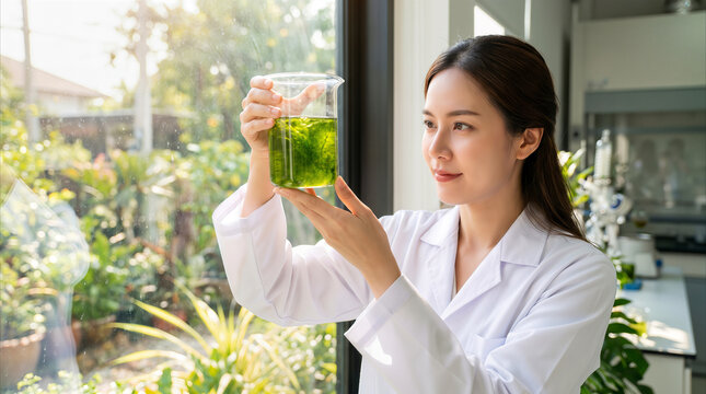 Female scientist inspecting green algae liquid beaker near sunny window in modern laboratory, biotechnology research concept