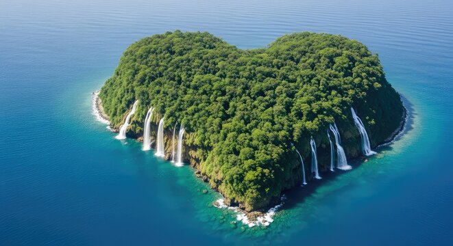 Aerial view of a secluded heart shaped tropical island featuring dense green jungle canopy and white waterfalls flowing into blue water, secluded, heart-shaped, environment