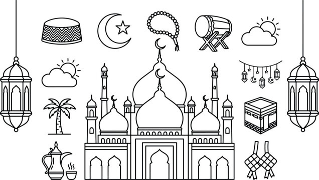 Islamic ramadan kareem line art icons collection featuring mosque lanterns crescent moon and prayer items crescent religion celebration traditional minimalist decorative template