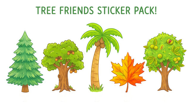 Cute oil pastel textured trees sticker set painted fir oak palm maple isolated on white