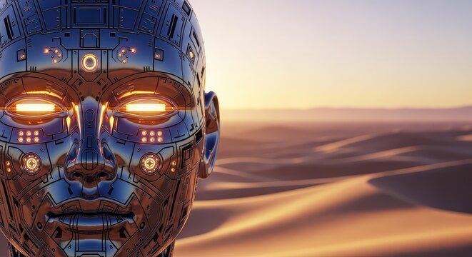 Close-up of an abstract robotic face with glowing sensors, set against a vast and hazy desert landscape with shimmering golden sand dunes, sleek, robot, sun