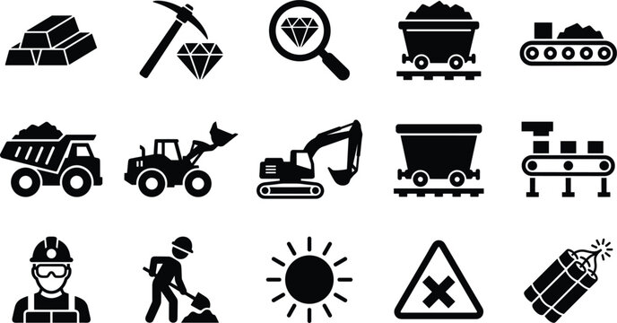 Industrial mining solid icon set featuring heavy machinery miners gold bars diamonds conveyor belts and explosive dynamite symbols