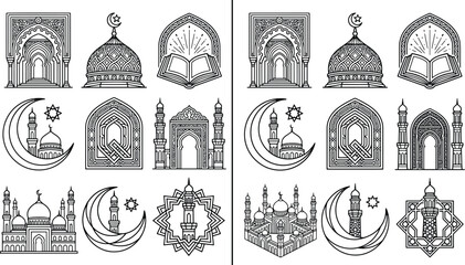 Set of decorative islamic mosque and crescent moon designs with traditional geometric patterns crescent geometric architecture religion ornament greetings traditional collection © Golzar