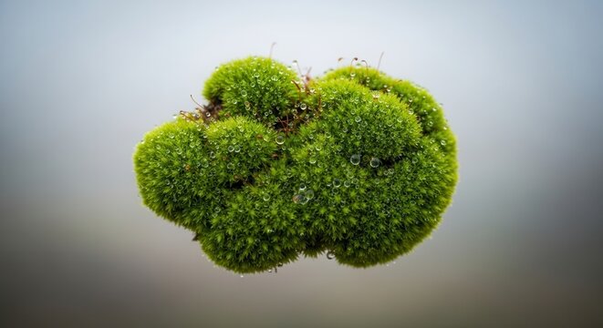 Vibrant green moss clump isolated on soft grey background.