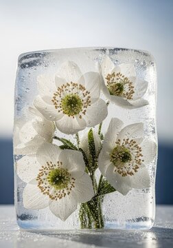 Ethereal white flowers encased in solid clear ice, revealing intricate textures and frozen droplets under a soft, wintry natural light source, light, reflection, fragile