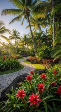 Lush tropical garden featuring towering palm trees, vibrant exotic plants, and a winding stone path under soft sunlight in a serene oasis, backyard, summer, sunny