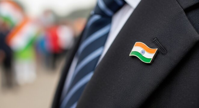 Man wearing suit jacket with India flag lapel pin. Celebration of India Independence Day. Professional business attire with patriotic symbol pinned on chest for national holiday.