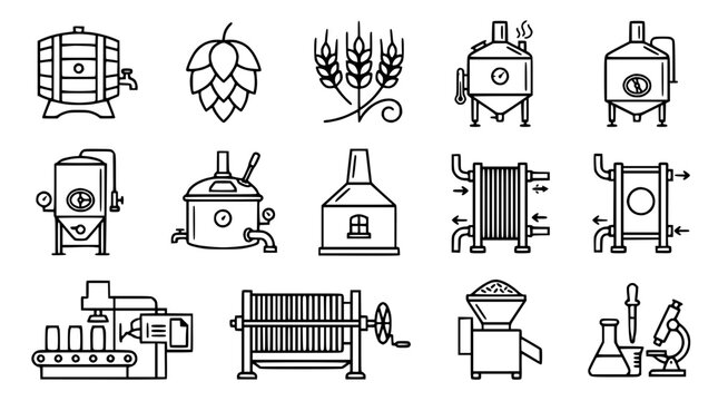 Brewing Equipment Icons: Barrel, Hop, Wheat, Still, Boiler, Press, Grinder, Lab