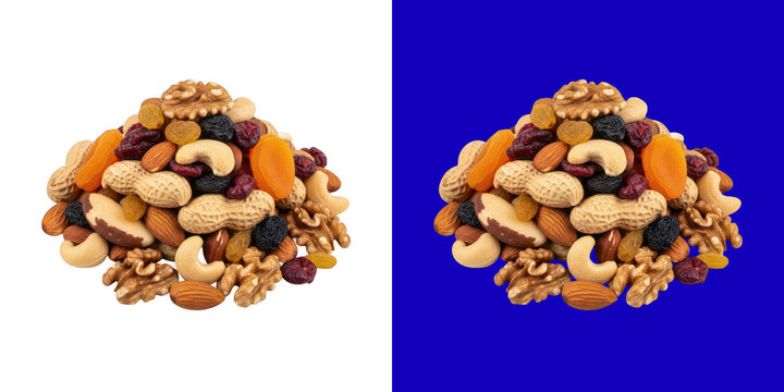 A bountiful collection of various mixed nuts and dried fruits arranged in a large pile