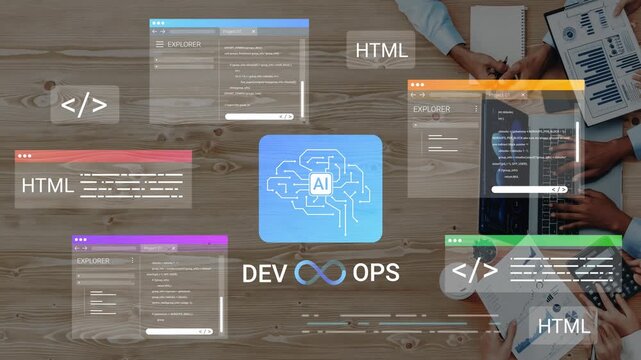 Modern Development Operations Collaboration with Artificial Intelligence Integration and Web Coding Display on a Wooden Desk Surface Gluon.