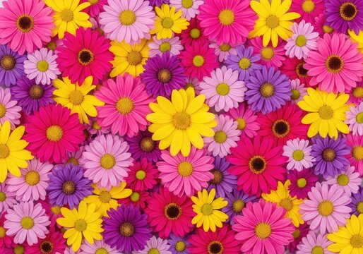 Una trama densa di fiori misti dai colori vivaci come rosa, viola e giallo, disposti in modo armonioso su uno sfondo naturale e soffice, stampa, bellezza, pastello