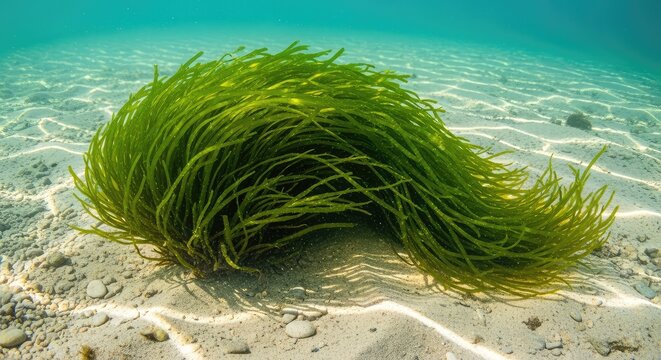 Vibrant green seaweed dances gently in the clear, sunlit shallow ocean water, revealing intricate textures and ripples on the sandy floor, environment, marine, clear