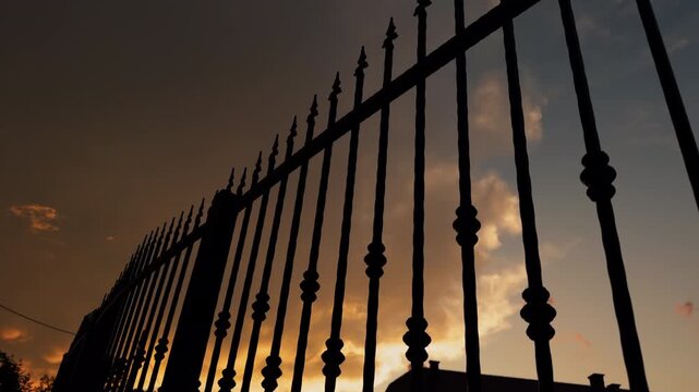 Low-angle view of a tall metal fence silhouetted against an orange sunset sky, forming a protective boundary around private property and residential land.