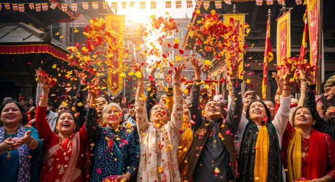 People celebrate Dussehra festival with men and women throwing flower petals in the air. Joyful cultural event for religious celebration.