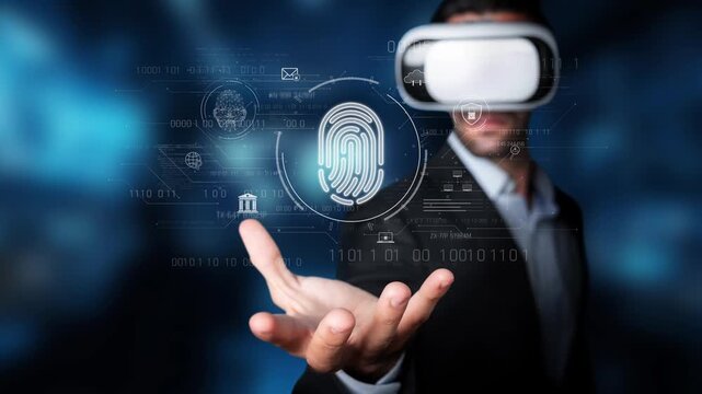 A businessman engages with virtual reality technology while displaying a digital fingerprint, symbolizing the future of identification and security in an immersive experience. Raster