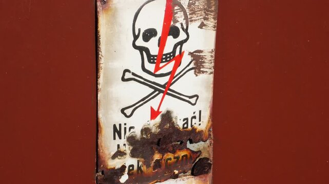 Tilt down shot revealing a "Danger of Death" warning sign mounted on an old wall in Poland. Captures an ominous, industrial atmosphere.