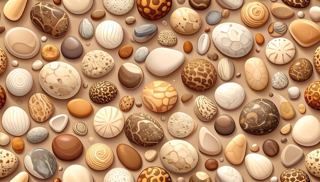 Variety of seashells on sandy beach.