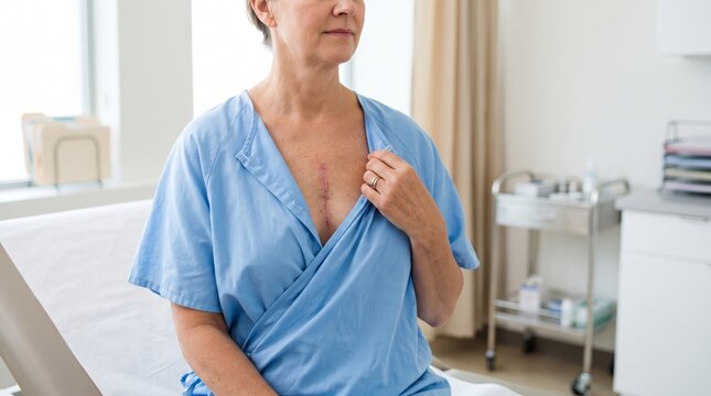 Senior woman showing chest surgery scar in clinic exam room