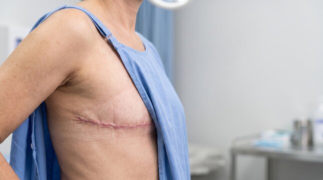 Woman showing mastectomy scar on chest in medical clinic