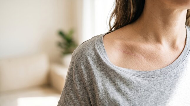 Woman with surgical scar on collarbone standing at home